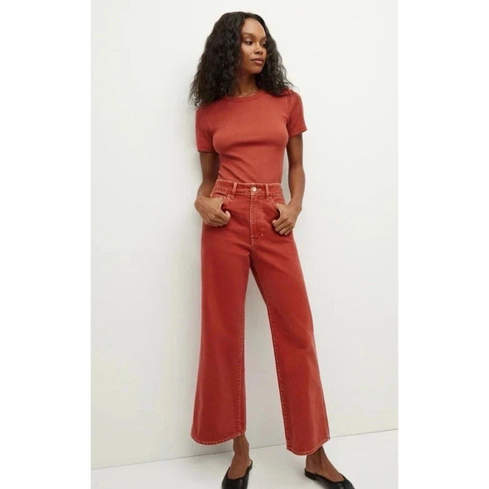 Veronica Beard Brick Red Denim High Rise Taylor Wide Leg Crop Jeans 26